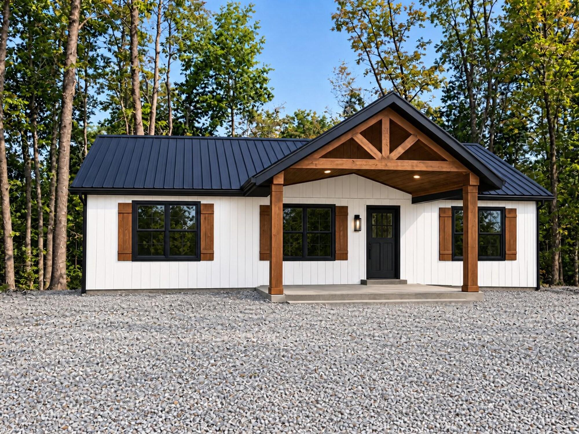 Cumberland Shores modern farmhouse cabin with black metal roof, timber-frame porch and gravel parking