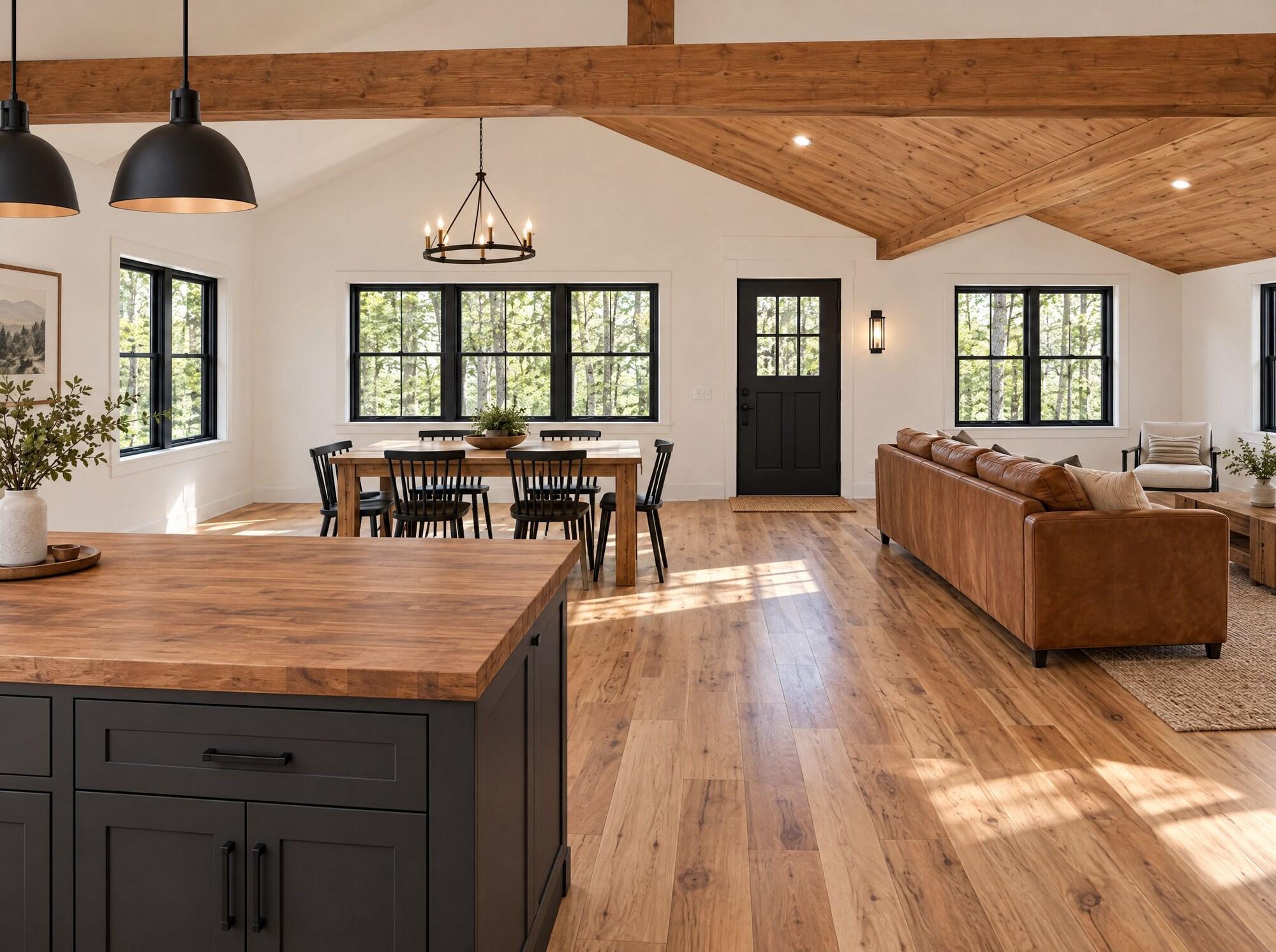 Open living and dining area with vaulted wood-beam ceiling at Cumberland Shores