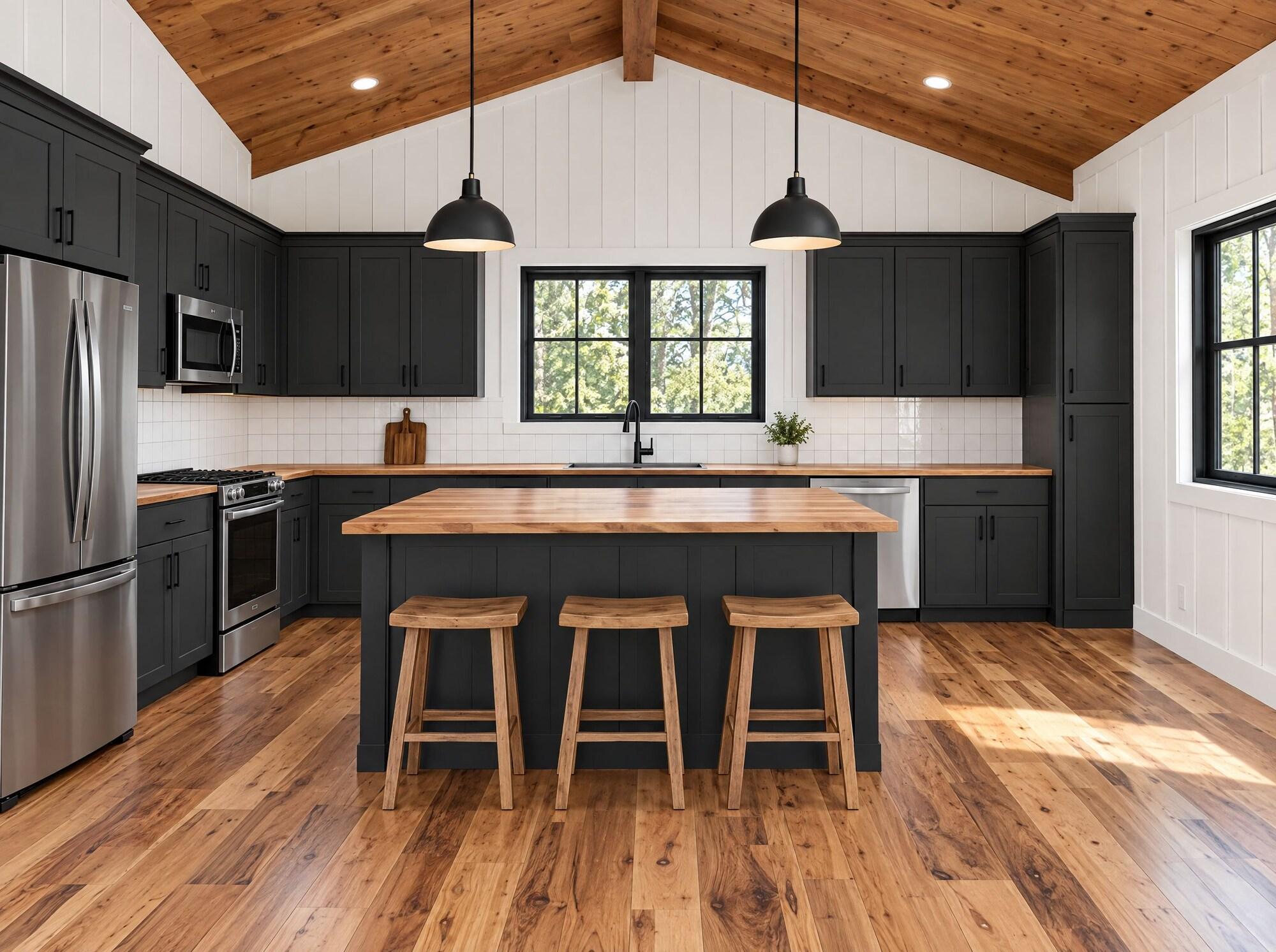 Kitchen with dark cabinets, butcher-block island and stainless appliances at Cumberland Shores