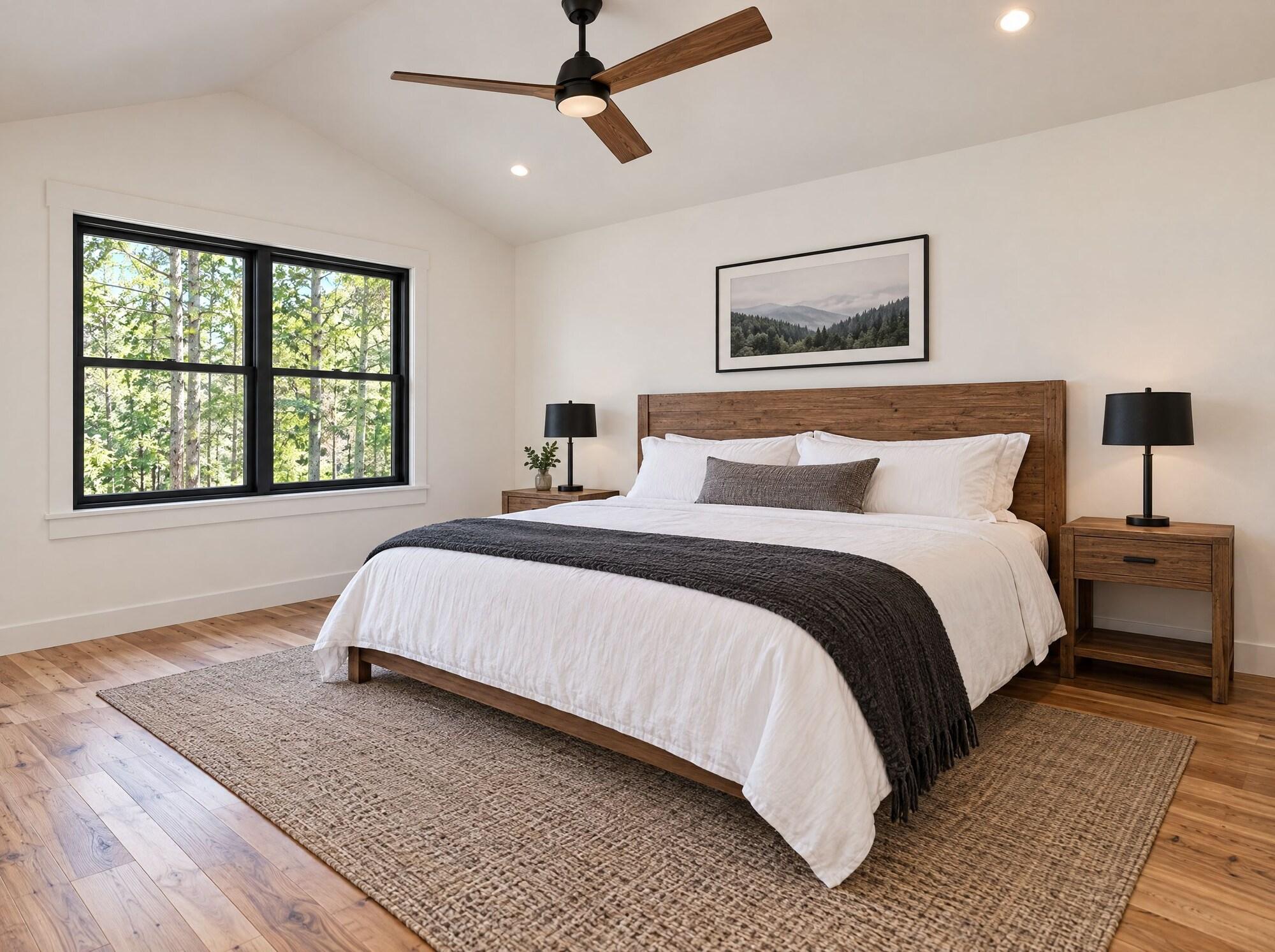 Primary bedroom with ceiling fan and large windows at Cumberland Shores