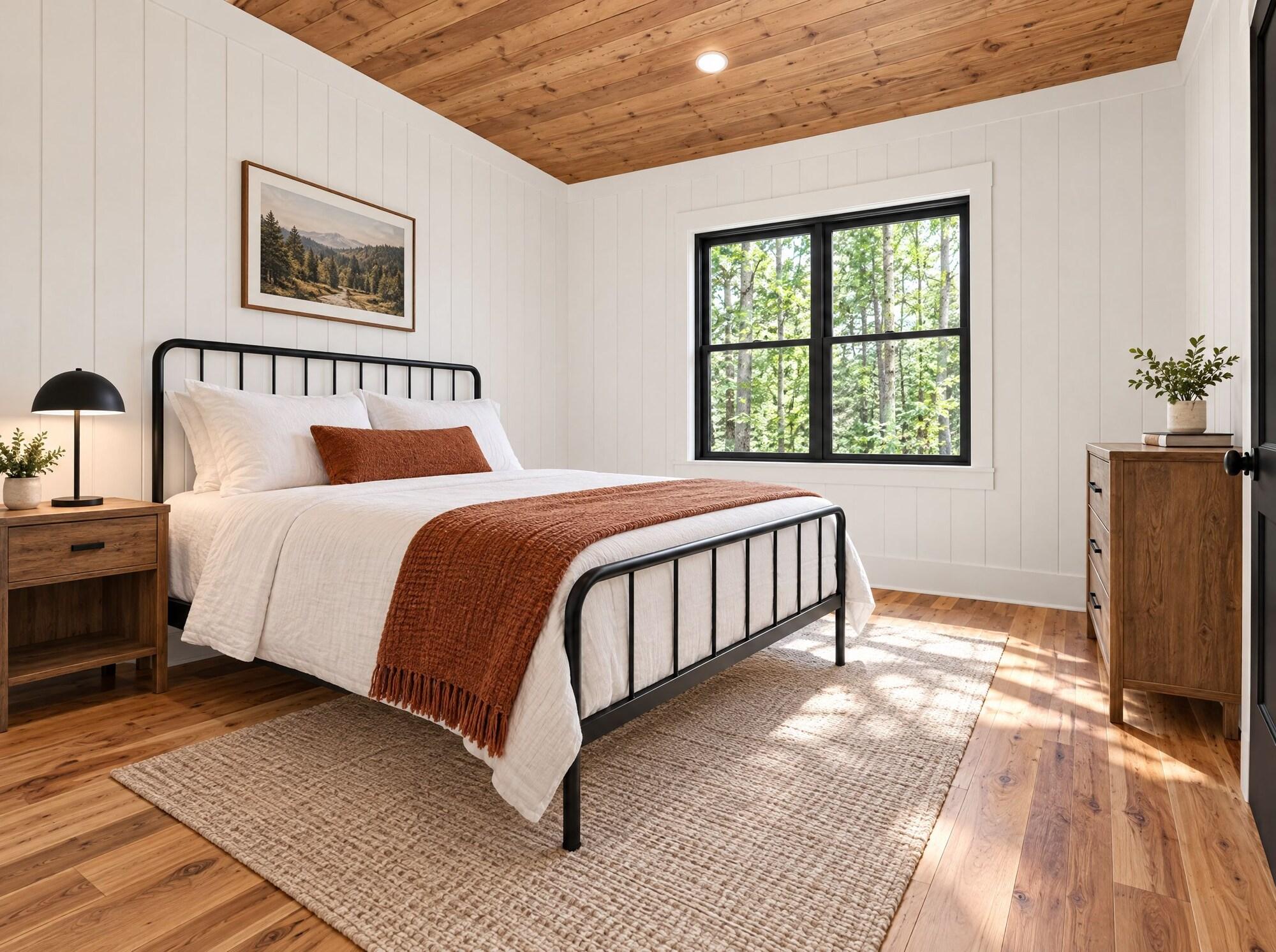 Bedroom with iron bed frame and wood ceiling at Cumberland Shores