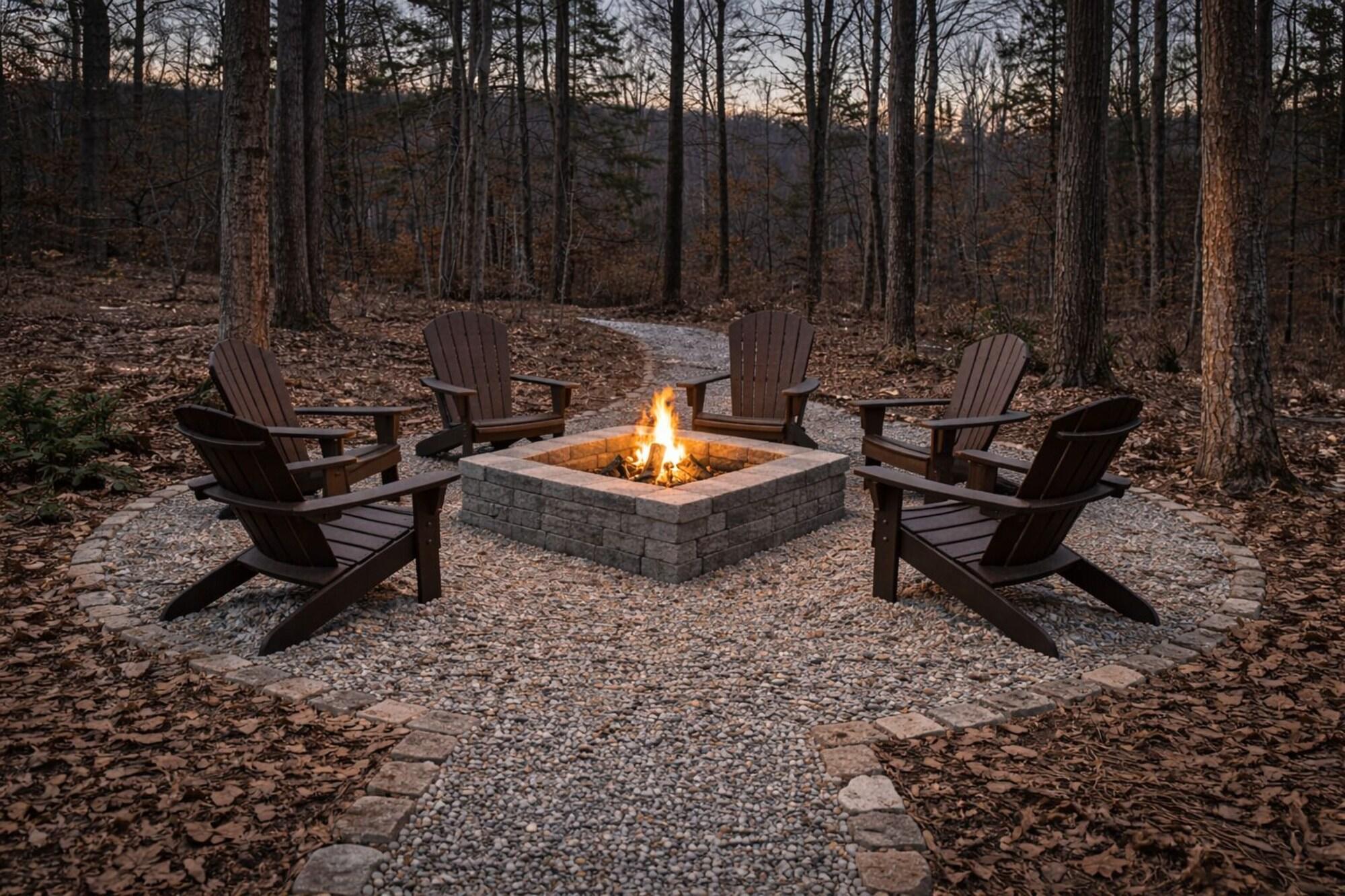 Private firepit with Adirondack chairs at a Lake Cumberland cabin rental near Wolf Creek Marina