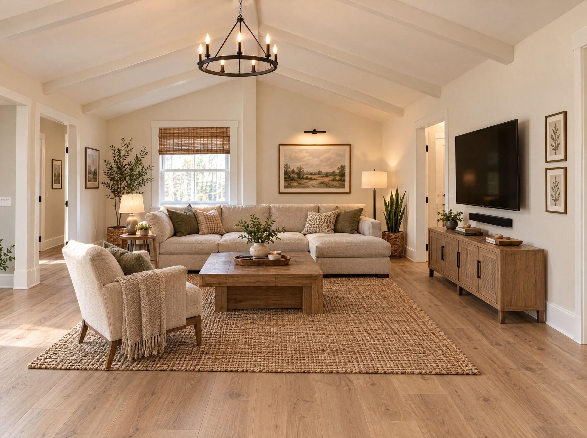 Living room with vaulted ceiling, sectional sofa and TV at Lake Daze Retreat