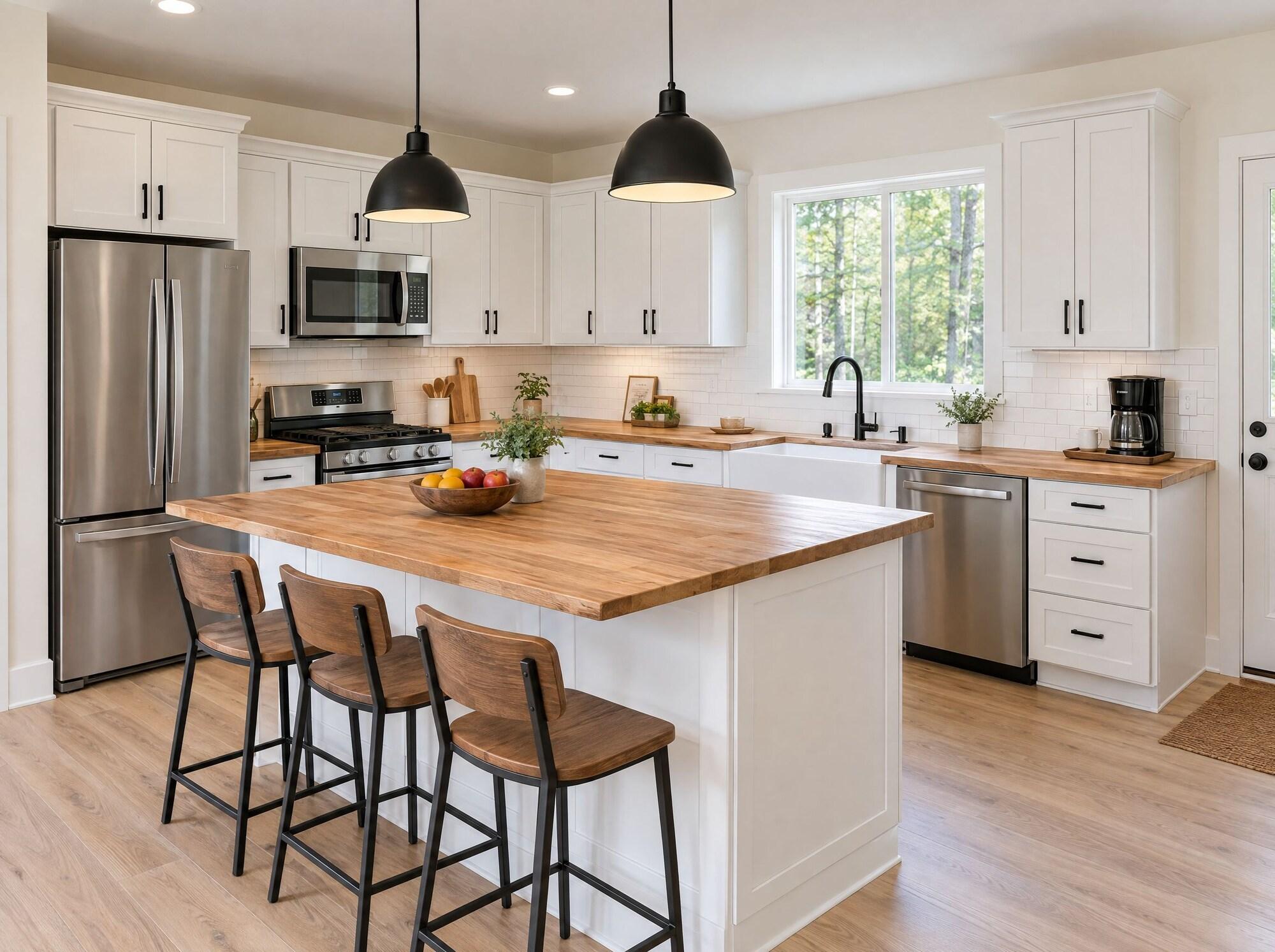 Kitchen with butcher-block island, bar stools and stainless appliances at Lake Daze Retreat