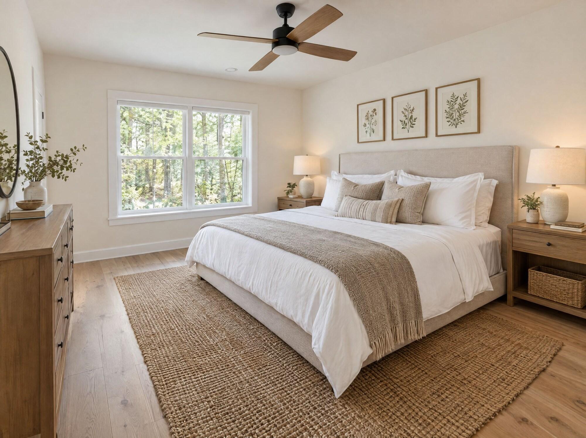 Primary bedroom with ceiling fan and large windows at Lake Daze Retreat