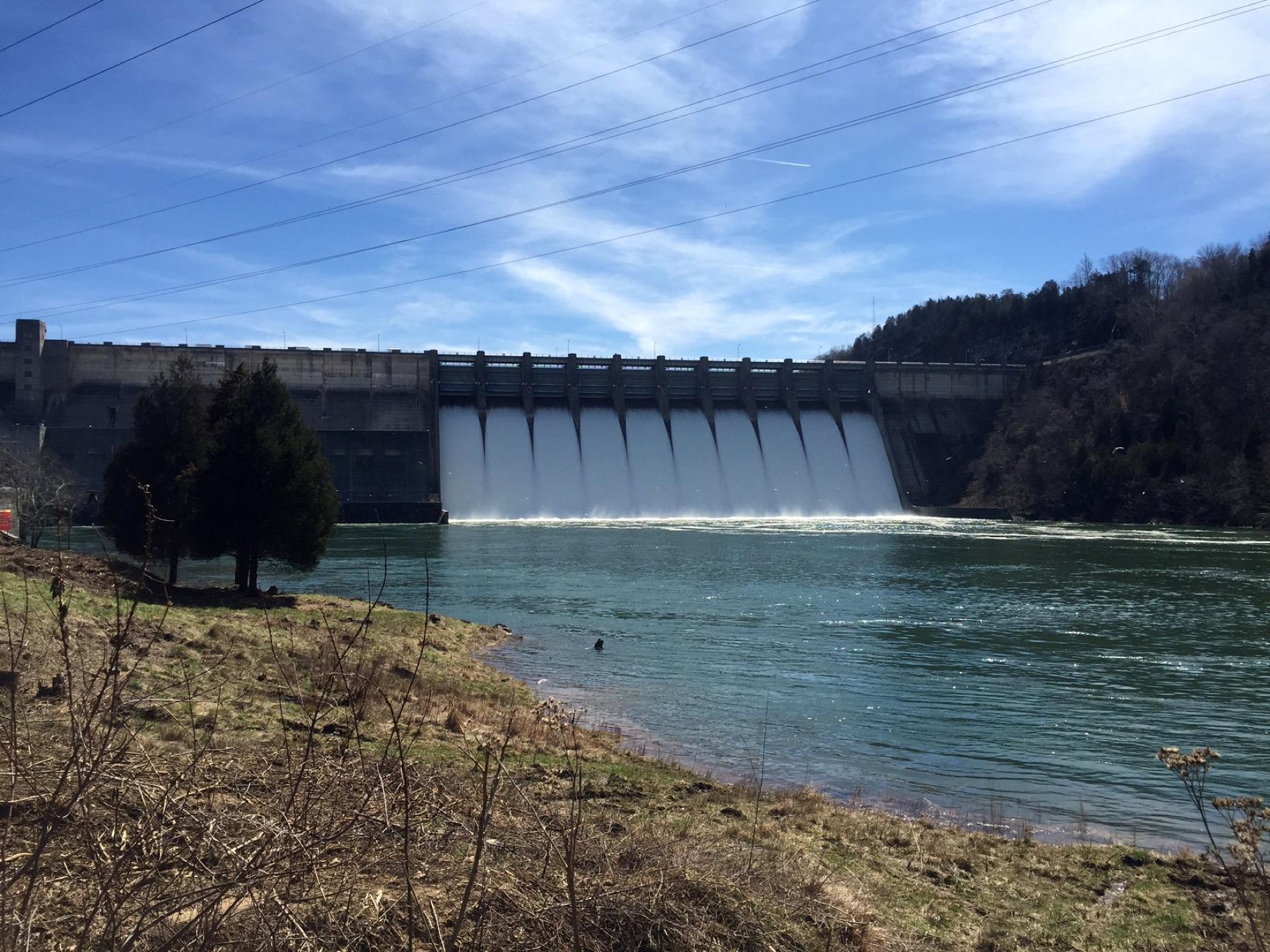 Water spilling over Wolf Creek Dam on the Cumberland River